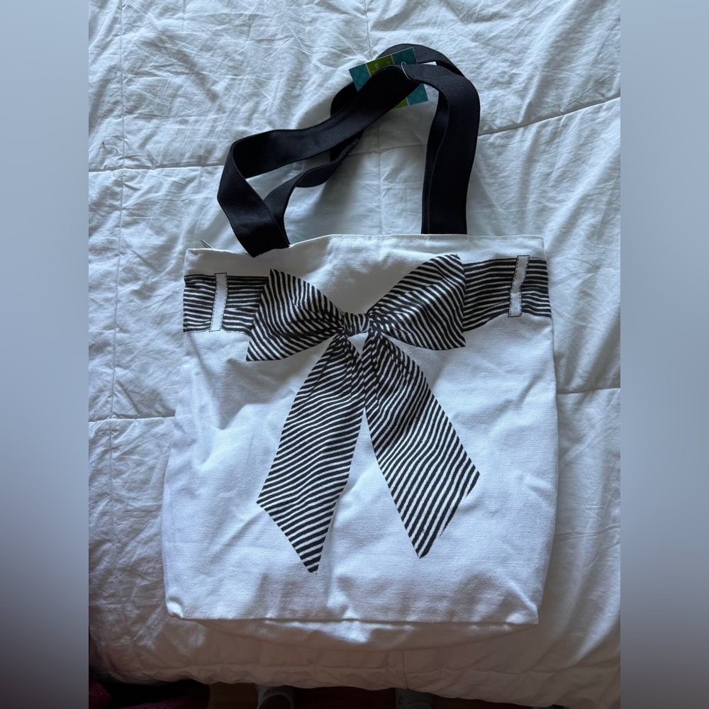 White Canvas Tote Bag with Black Striped Bow